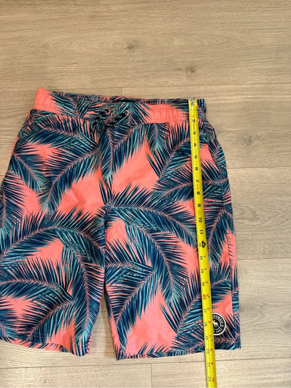 abercrombie kids Coral and Teal Palm-Print Swim Trunks